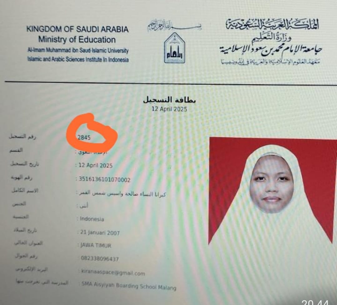 LOLOS SELEKSI:  Kirana Annisa Sholichah dinyatakan lulus  masuk LIPIA.
