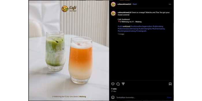 Menu Matcha & Thai Tea di Cafe Sunkissed (instagram @cafesunkissed.id).