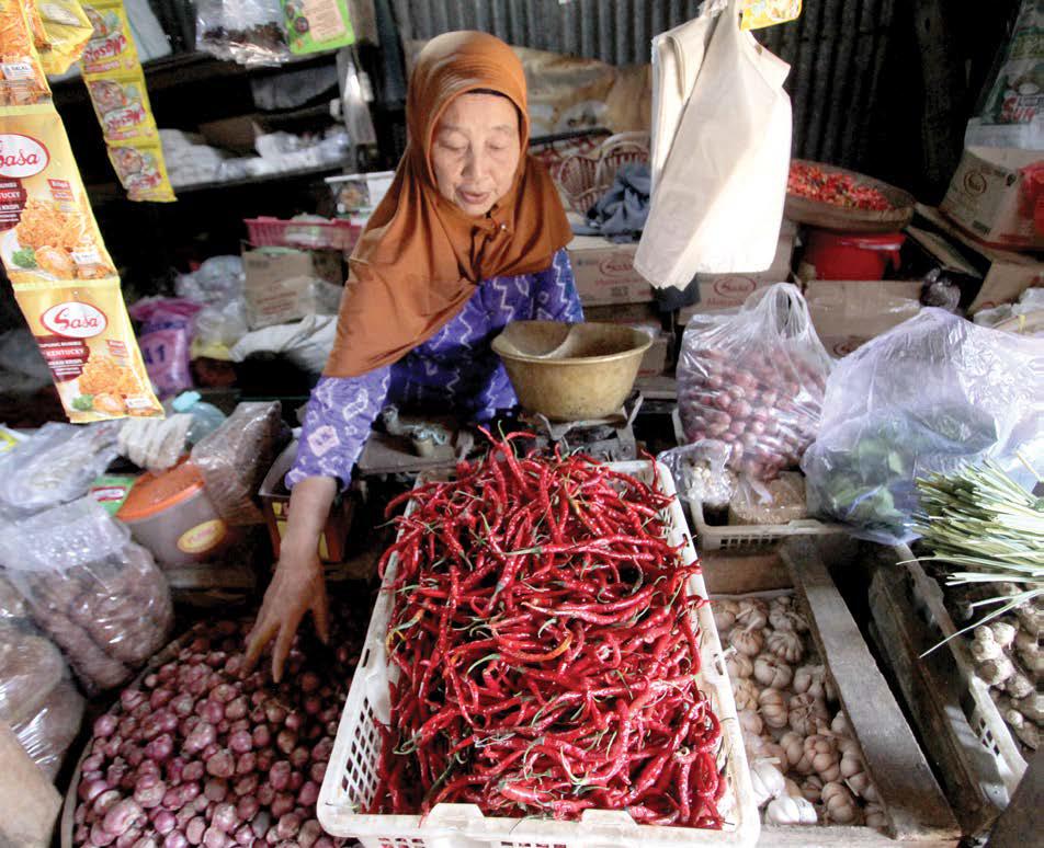 NAIK DRASTIS: Seorang pedagang bapok di Pasar Blimbing menata cabai merah di lapaknya kemarin.