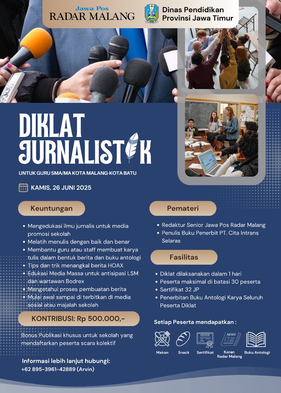 SEGERA: Diklat Jurnalistik Guru SMA/MA se-Kota Malang dan Kota Batu kembali digelar 26 Juni.