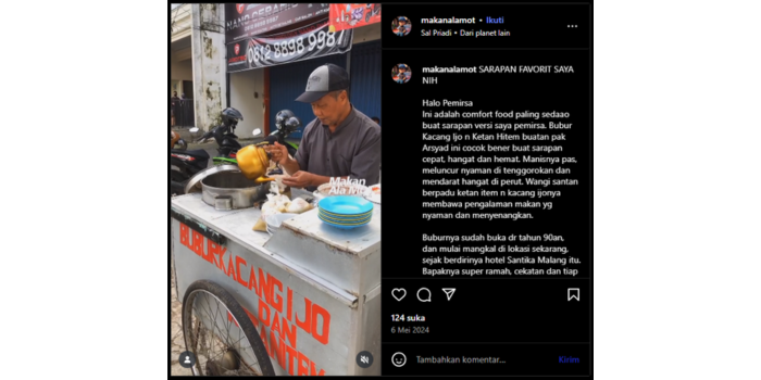 Konten di instagram yang melakukan review Bubur Ketan Hitam & Kacang Ijo Pak Arsyad.