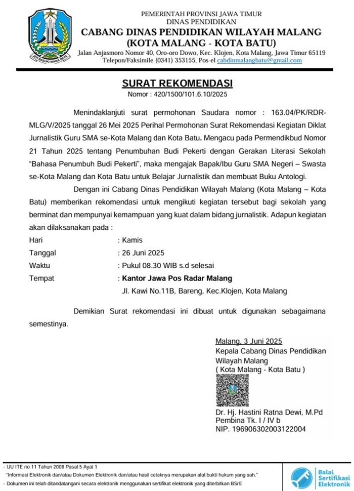 RESMI: Nota dinas dari Cabdindik Wilayah Malang, Kota Malang dan Kota Batu.