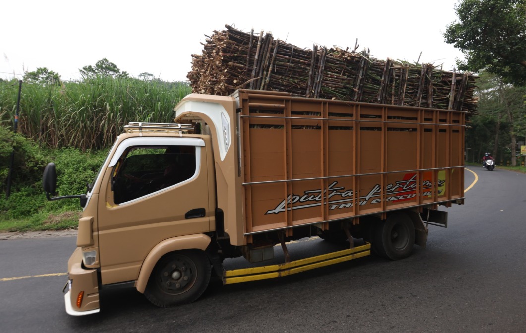 LINTAS DAERAH: Truk bermuatan tebu melintas di perbatasan Karangkates-Blitar kemarin (20/6). Tebu tersebut hendak dikirim ke PG di luar Malang.