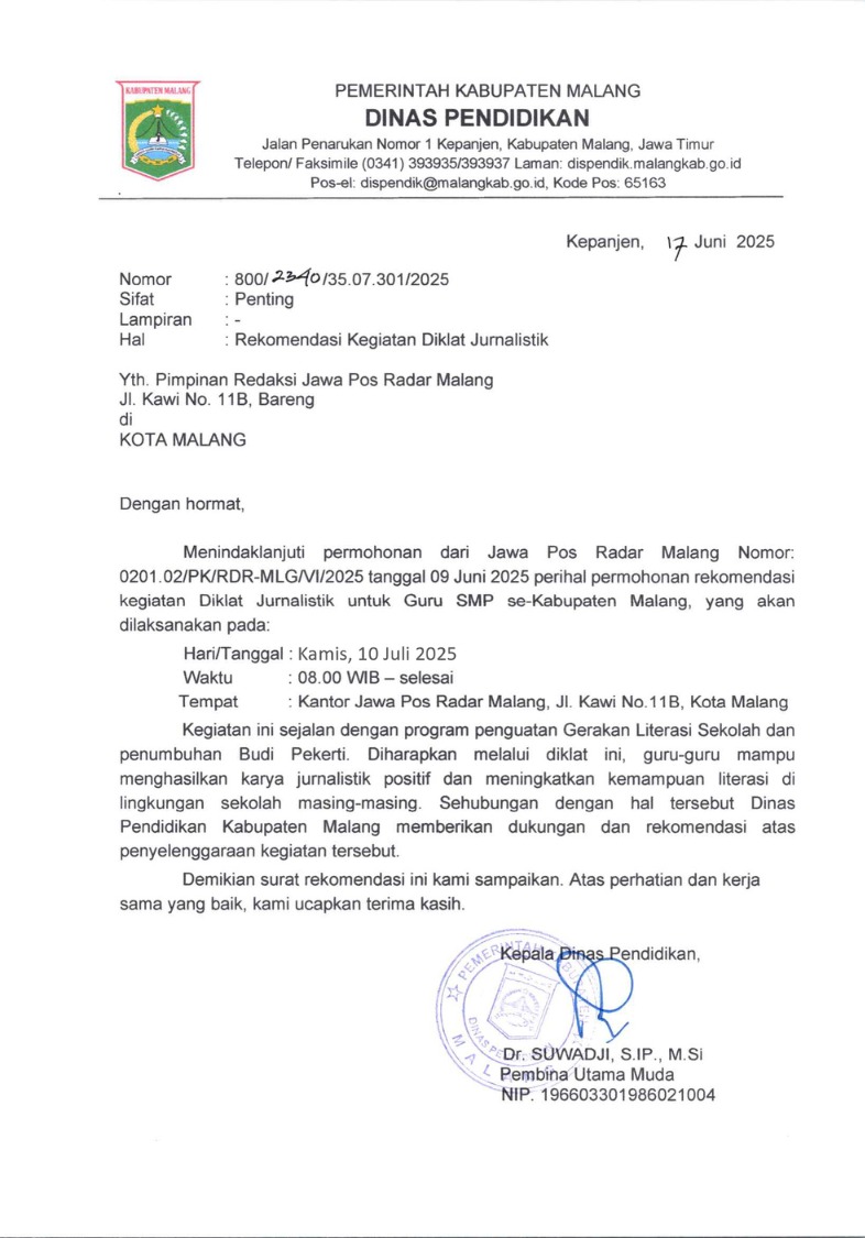 Nota dinas dari Dinas Pendidikan Kabupaten Malang.