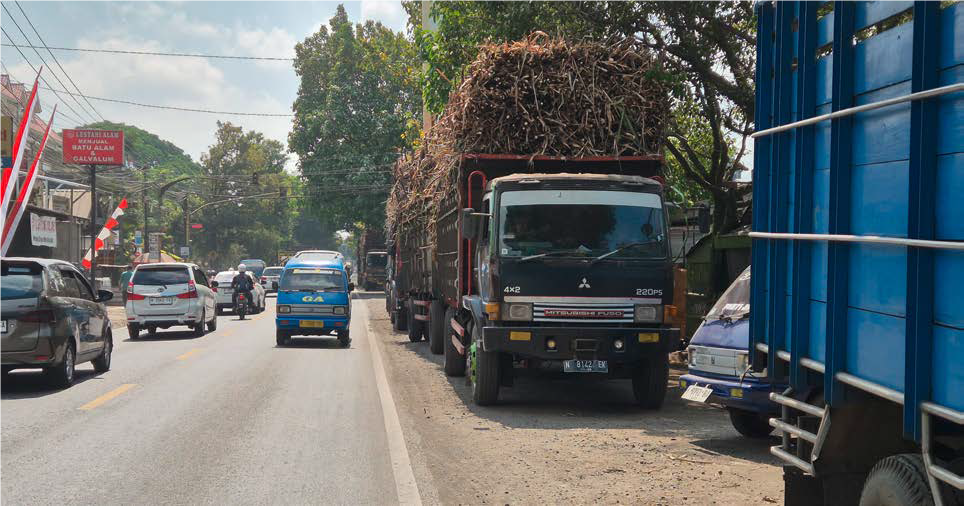 PENGEMUDI ISTIRAHAT: Masa menunggu giliran untuk penggilingan tebu dimanfaatkan para sopir beristirahat di tepi jalan.