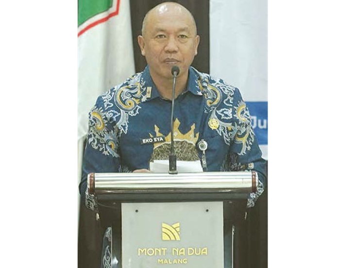 KOMITMEN: Kepala Diskopindag Kota Malang Eko Sri Yuliadi memberikan sambutan pembuka pada Bimtek Ekspor Produk bagi Pelaku IHT.
