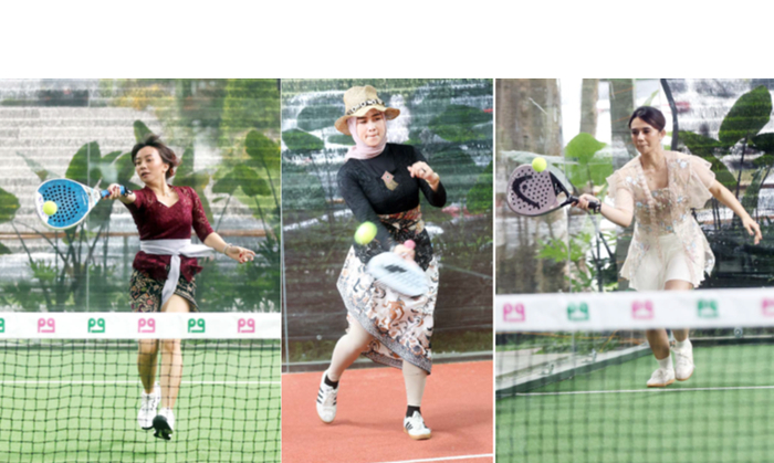 SPORTY DAN NASIONALIS: Dari kiri, Seti Fahni Faradiba, Shaza Amorita, dan Ismiya Mustika ambil bagian dalam event Masyarakat Padel Berwastra di Padel Garden di Perumahan Araya, kemarin sore (19/8).