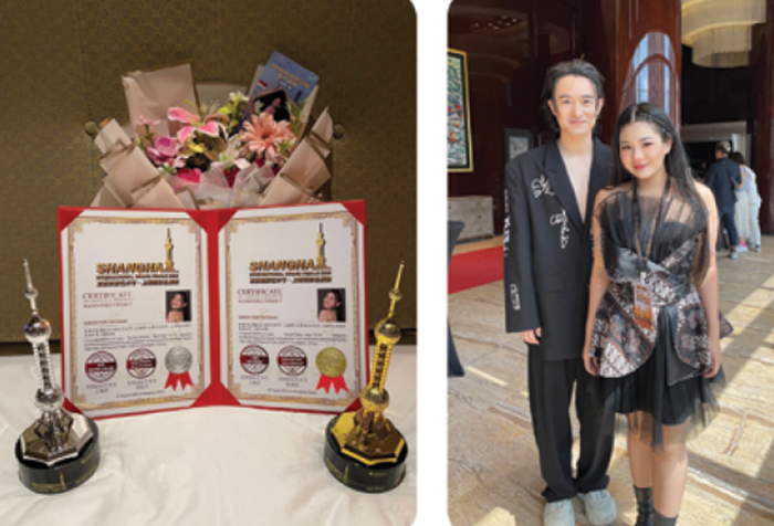 Foto Kiri: Thropy dan Piagam yang diraih Kiara. Foto Kanan: Kiara bersama salah satu juri di Shanghai China
