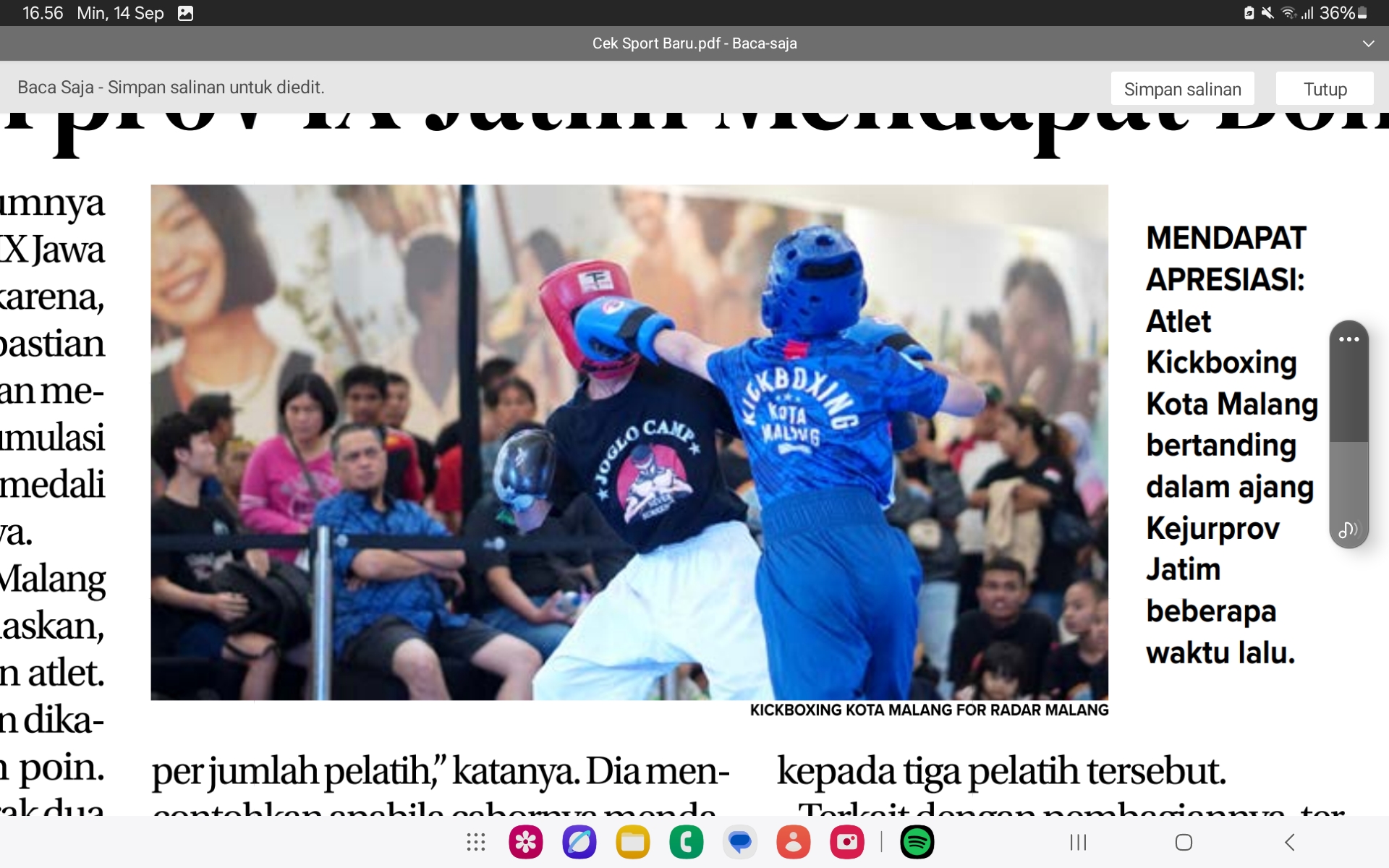 MENDAPAT APRESIASI: Atlet Kickboxing Kota Malang bertanding dalam ajang Kejurprov Jatim beberapa waktu lalu.