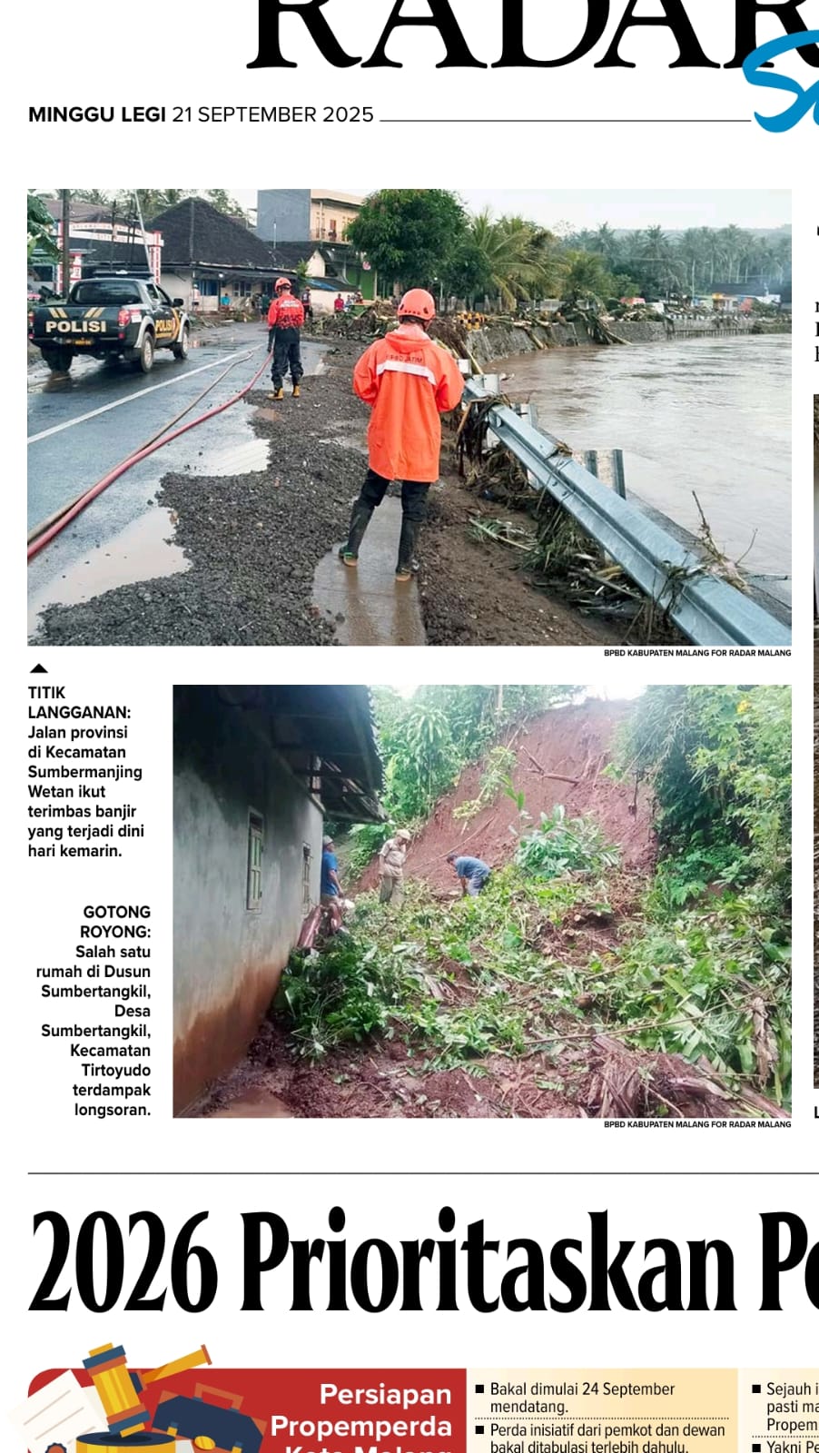 TITIK LANGGANAN: Jalan provinsi di Kecamatan Sumbermanjing Wetan ikut terimbas banjir yang terjadi dini hari kemarin.