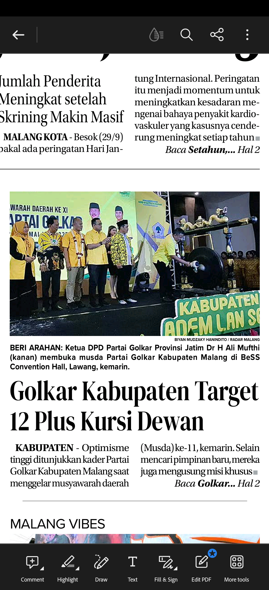 BERI ARAHAN: Ketua DPD Partai Golkar Provinsi Jatim Dr H Ali Mufthi (kanan) membuka musda Partai Golkar Kabupaten Malang di BeSS Convention Hall, Lawang, kemarin.