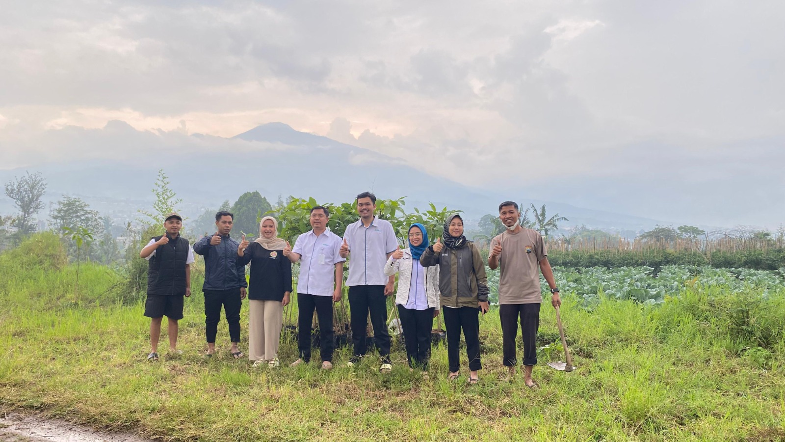 KOLABORATIF: Bekerja sama dengan Karang Taruna Desa Pesanggrahan, BPJamsostek Kota Batu mengajak karyawannya bahu membahu dalam menanam bibit tabebuya.