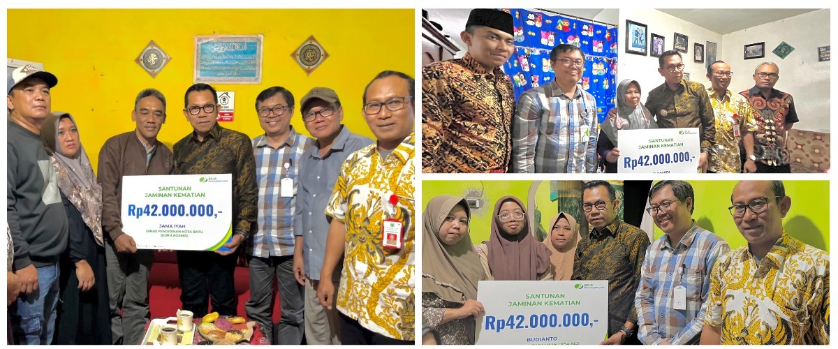 BELASUNGKAWA: Wali Kota Batu Nurochman bersama BPJS Ketenagakerjaan Kota Batu dan jajaran perangkat daerah menyambangi keluarga almarhum Sumardi, Jama&rsquo;iyah, dan Budianto untuk menyerahkan santunan.