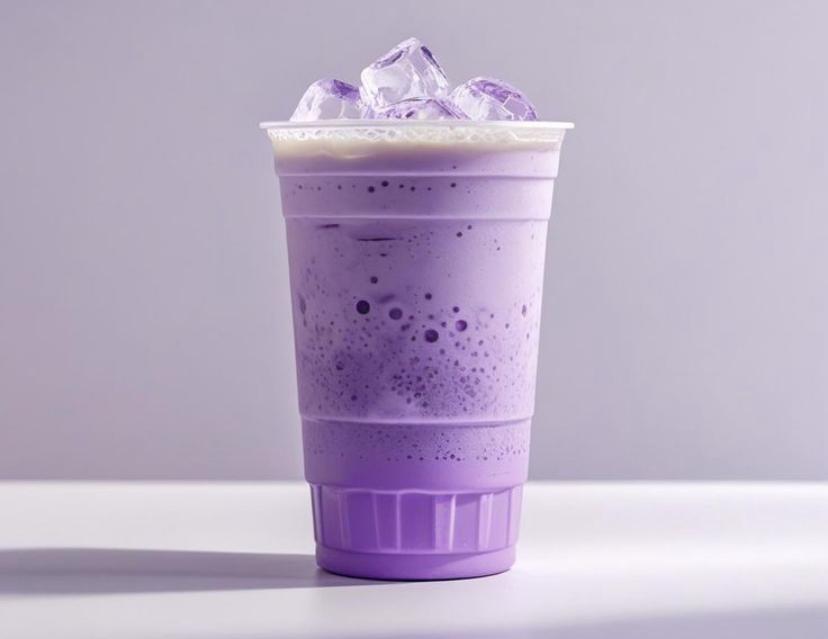 VARIAN UNIK: Segelas taro latte dengan warna ungu lembut disajikan di meja kafe. Minuman ini menjadi salah satu menu favorit di kafe-kafe Malang yang menghadirkan inovasi rasa.