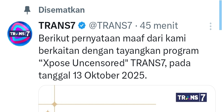 Tanggapan Trans7 di akun X-nya