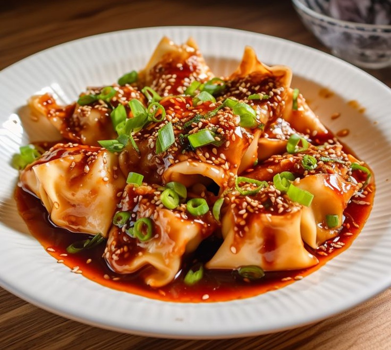 PEDAS NAGIH: Wonton bumbu chili oil dengan taburan daun bawang dan wijen