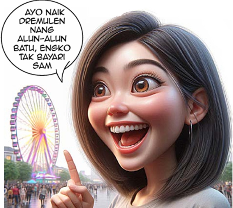 LINGUA FRANCA : &rdquo;Ayo naik dremulen nang Alun-Alun Batu, engko tak bayari Sam&rdquo;