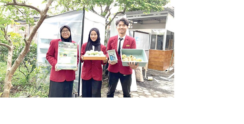 KOLABORASI: Tiga mahasiswa lintas prodi UMM menunjukkan karya Augmentarium, teknologi berbasis IoT untuk konservasi parasitoid.