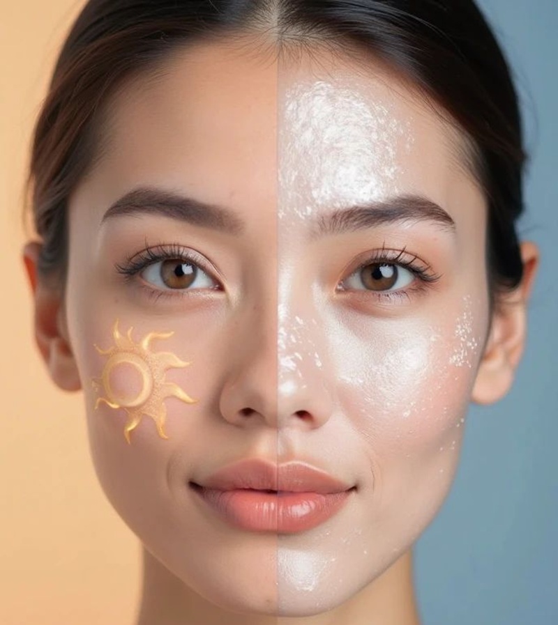 Ilustrasi wajah sebelum dan sesudah memakai sunscreen