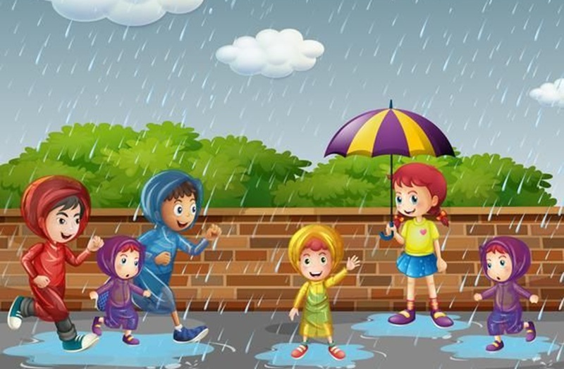 Ilustrasi main hujan dengan jas ujan dan payung