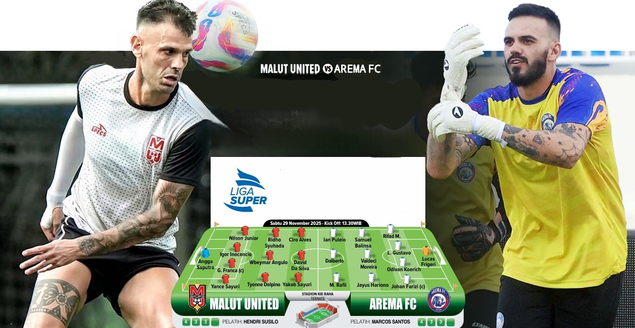Lucas Frigeri (kanan) bakal jadi tumpuan Singo Edan dalam meredam ketangguhan barisan penyerang Malut United yang dikomandoi Tyronne del Pino.