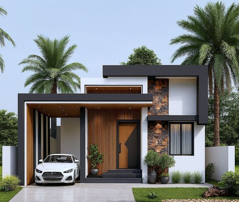 Ilustrasi rumah minimalis dengan pemandangan sejuk