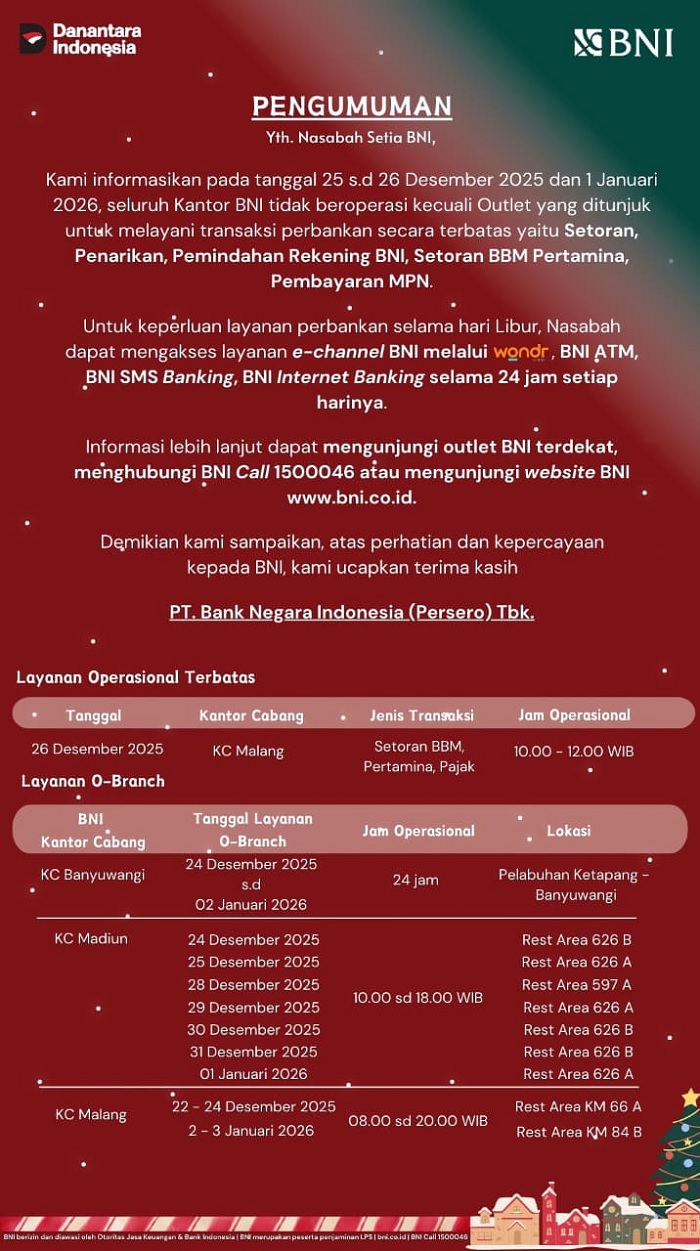 Info Kantor BNI Libur tapi Tetap Ada Outlet yang Buka Layanan