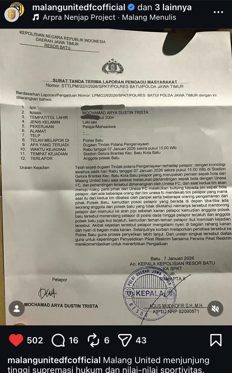 Unggahan Instagram Malang United yang melaporkan dugaan penganiayaan terhadap pemainnya setelah laga melawan Unesa FC di Stadion Brantas pada Rabu (7/1). (Tangkapan layar)