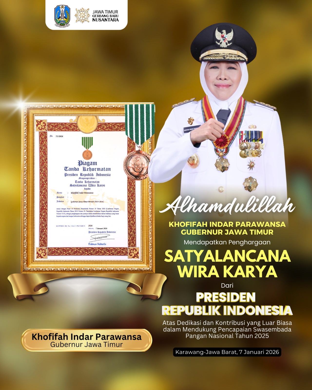PRESTASI: Gubernur Jatim Khofifah Indar Parawansa menerima Tanda Kehormatan Satyalancana Wira Karyadari Presiden RI&nbsp;Prabowo Subianto&nbsp;atas kontribusinya dalam pencapaian Swasembada Pangan Nasional 2025
