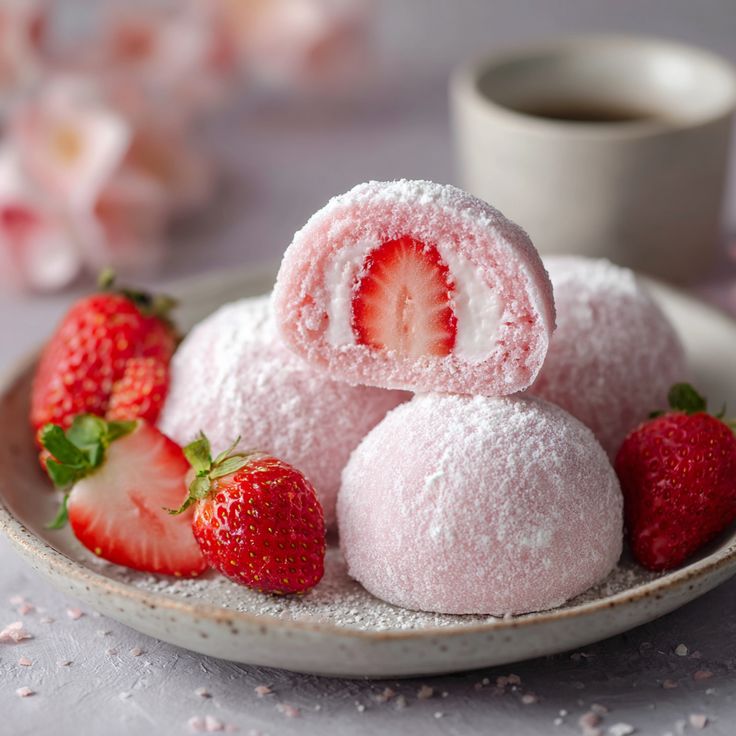 Ilustrasi potongan kue mochi dengan isian buah stroberi merah yang siap memanjakan lidah. (Pinterest)