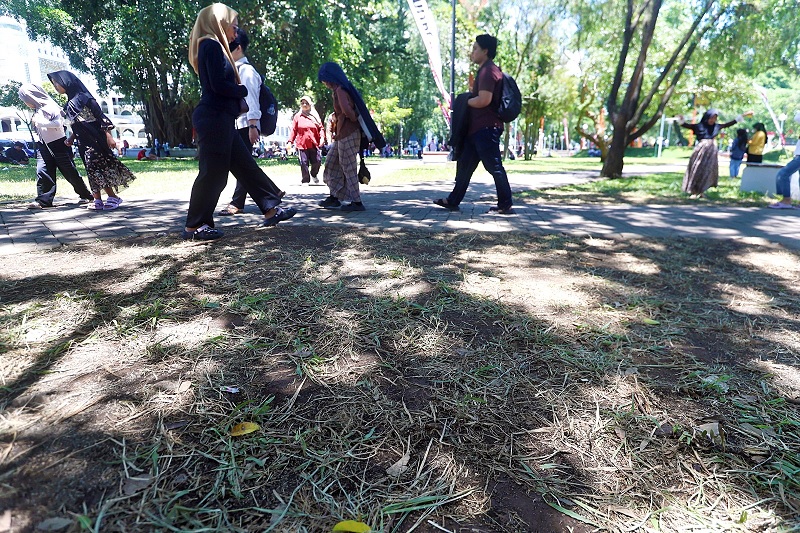 PERLU PERAWATAN: Rumput Alun-Alun Merdeka rusak terinjak pengunjung. Dinas Lingkungan Hidup Kota Malang perlu melakukan perawatan.