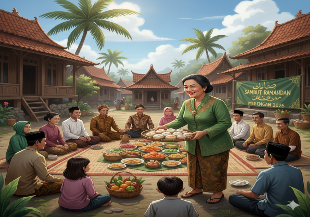 HANGATNYA KEBERSAMAAN: Ilustrasi warga menjalankan tradisi Megengan sebagai bentuk menyambut bulan suci ramadan. (Gemini)