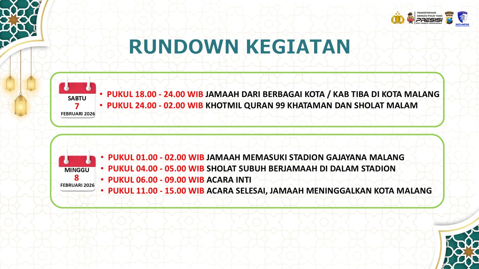 Rundown lengkap kegiatan Harlah 1 Abad NU di Stadion Gajayana. (Polresta Malang Kota)