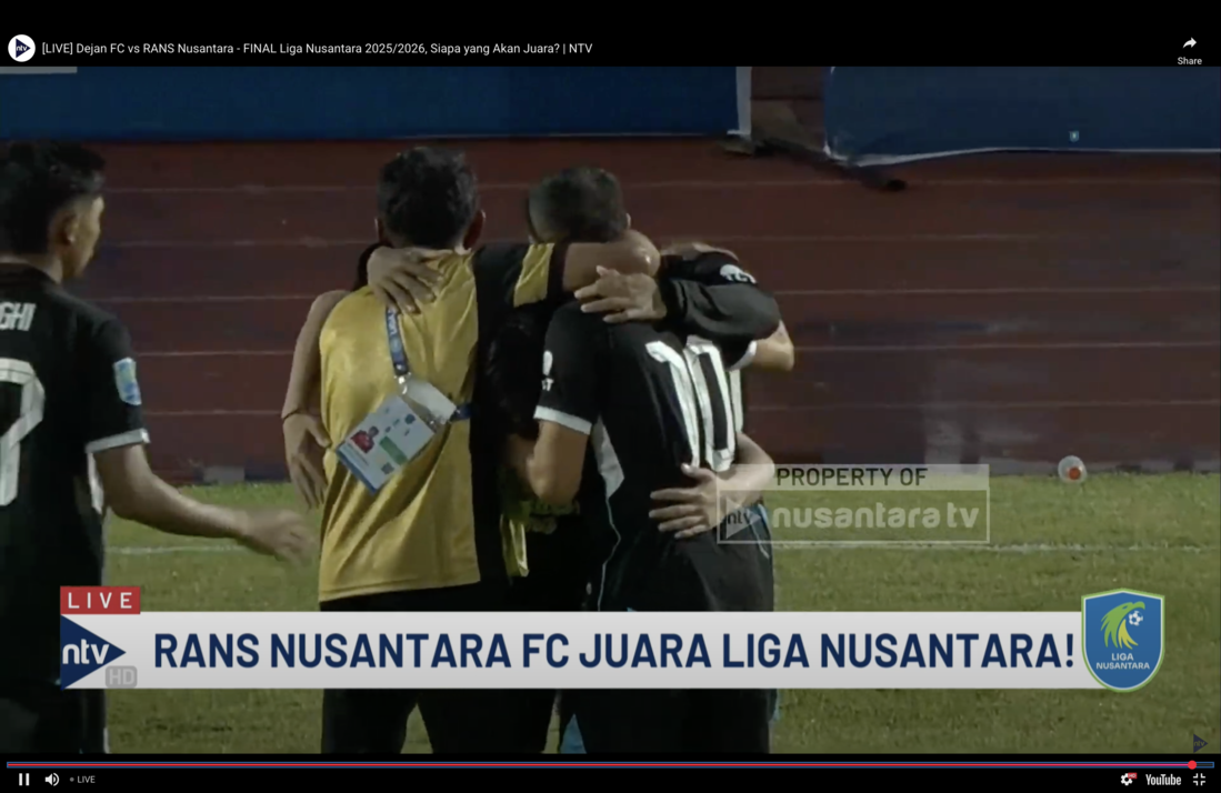 CHAMPION: RANS Nusantara FC resmi menyandang gelar juara pada Liga Nusantara 2025/2026 setelah mengalahkan Dejan FC tadi sore. (Nusantara TV)