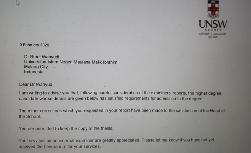 UCAPAN TERIMA KASIH: Surat ucapan terima kasih dari kampus UNSW Australia.