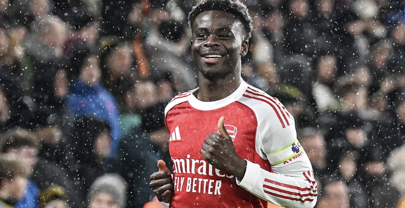 GOL PEMBUKA: Bukayo Saka merayakan golnya ke gawang Wolverhampton Wanderers setelah memanfaatkan assist dari Declan Rice. (Instagram @arsenal)