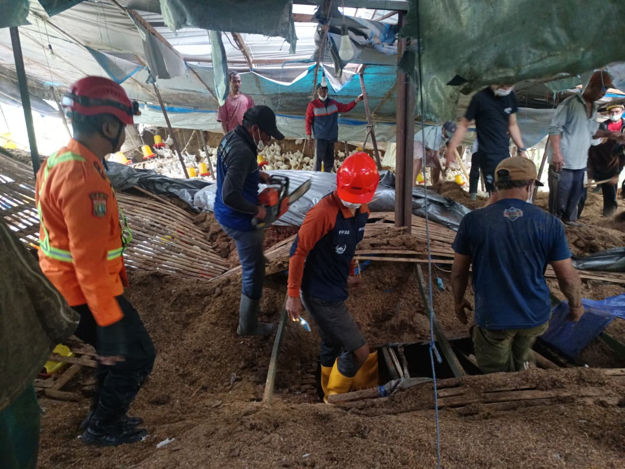 NAHAS: Polisi menunjukkan sisi bangunan kandang ayam yang ambles. Foto atas, proses evakuasi pekerja yang tertimpa reruntuhan memakan waktu hingga tiga jam.