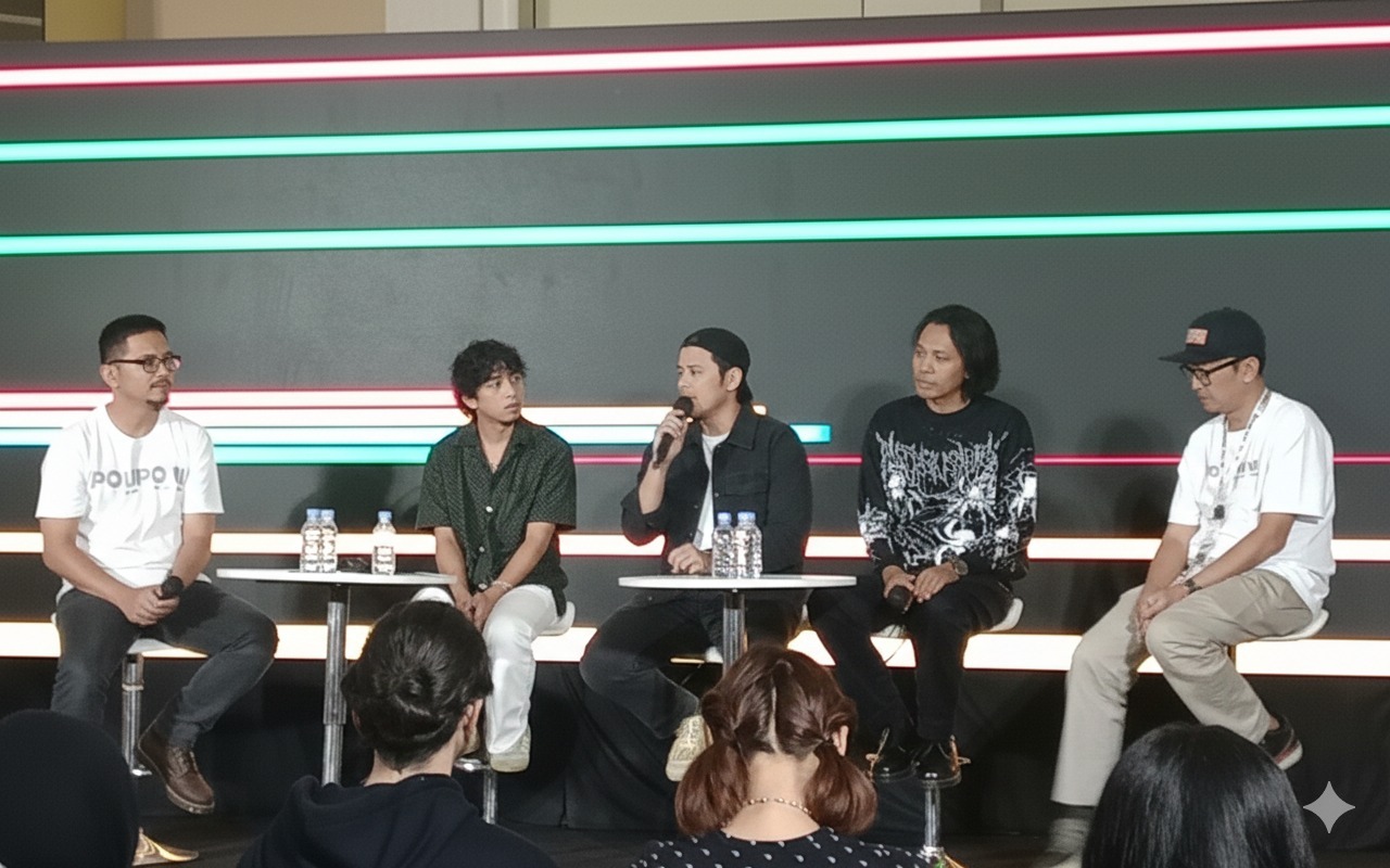 SIAP TAMPIL: Bassist Sheila On 7 Adam Subarkah (tengah) menjawab pertanyaan awak media terkait kesiapan manggung, Juni mendatang.