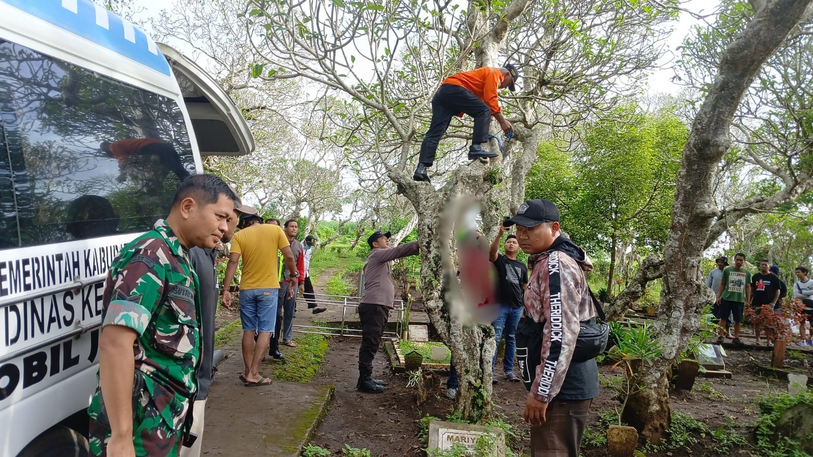 BUAT SURAT : Proses evakuasi terhadap korban gantung diri di TPU Dusun Bugis Krajan, Desa Saptorenggo, Kecamatan Pakis dilakukan kemarin pagi.