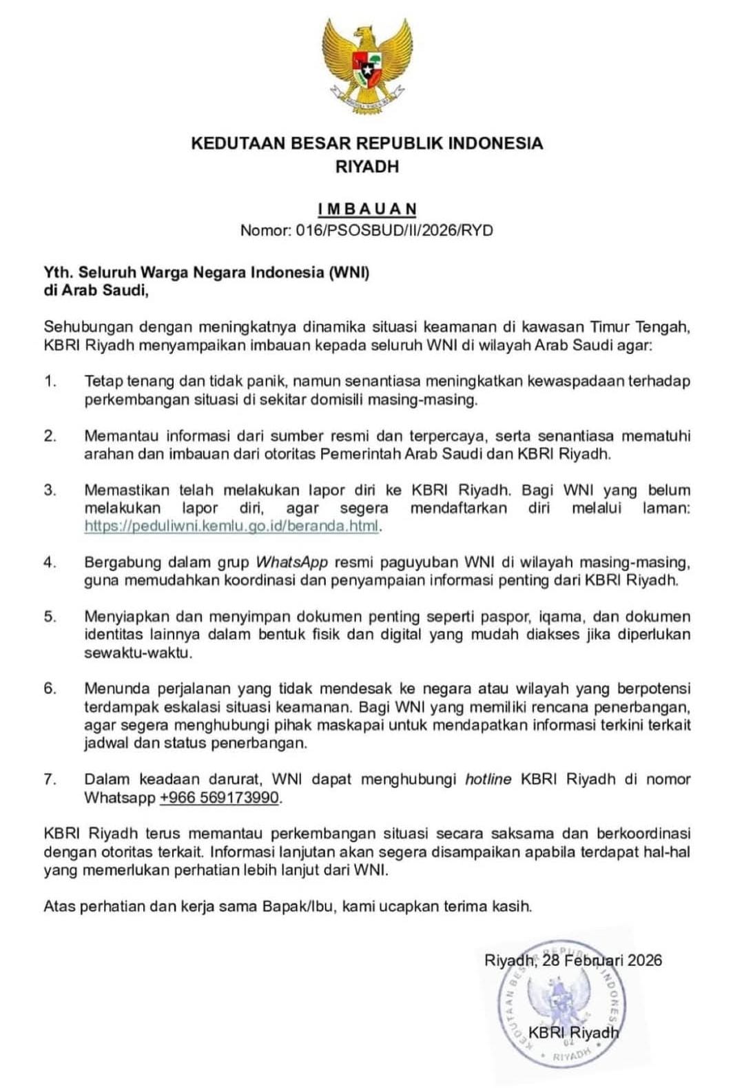 Surat imbauan dari KBRI Riyadh terkait situasi Timur Tengah yang memanas. (Istimewa)