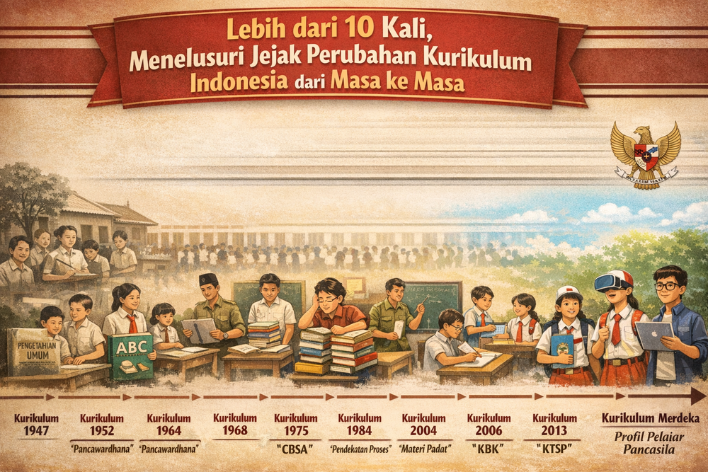 Ilustrasi perjalanan kurikulum dari tahun 1947 hingga saat ini (Chat GPT)