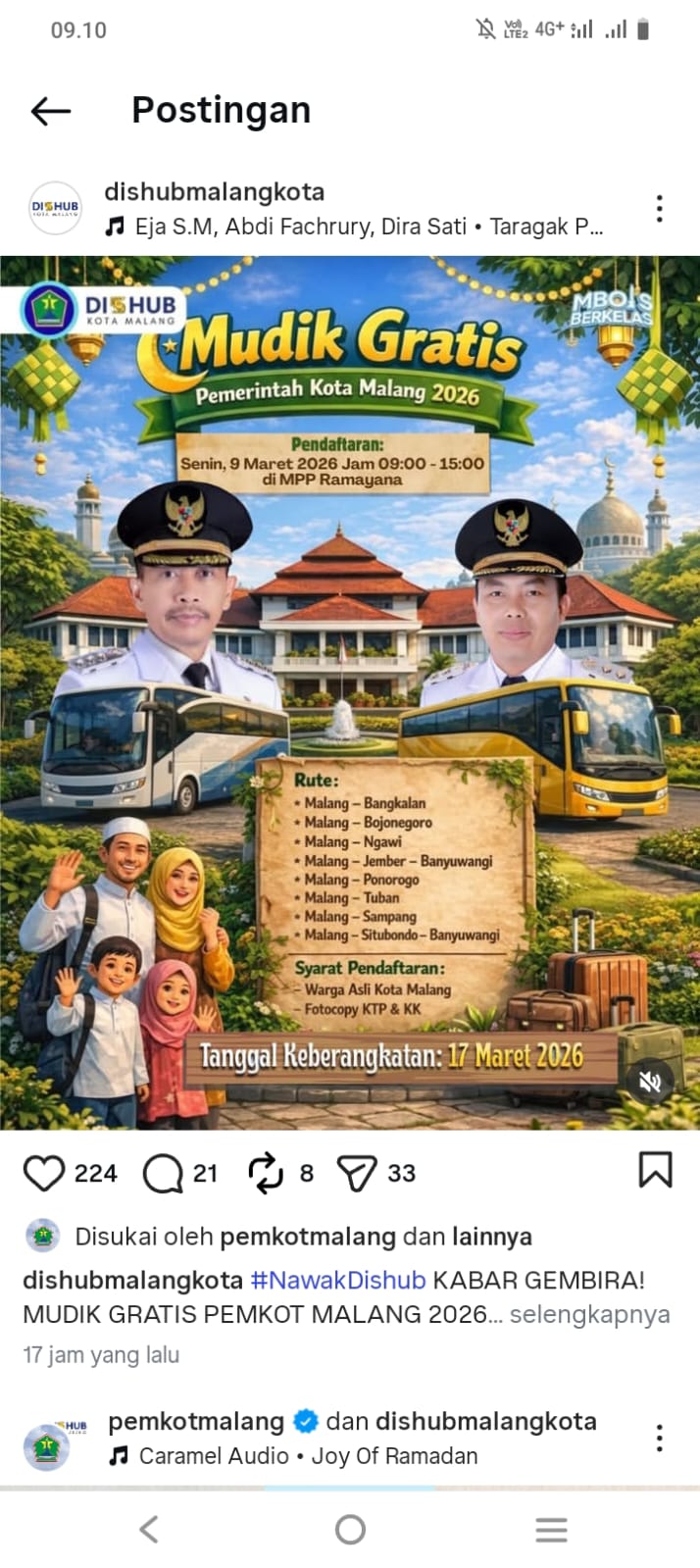 Poster mudik gratis 2026 yang diunggah Dishub Kota Malang. (Dishub Kota Malang)