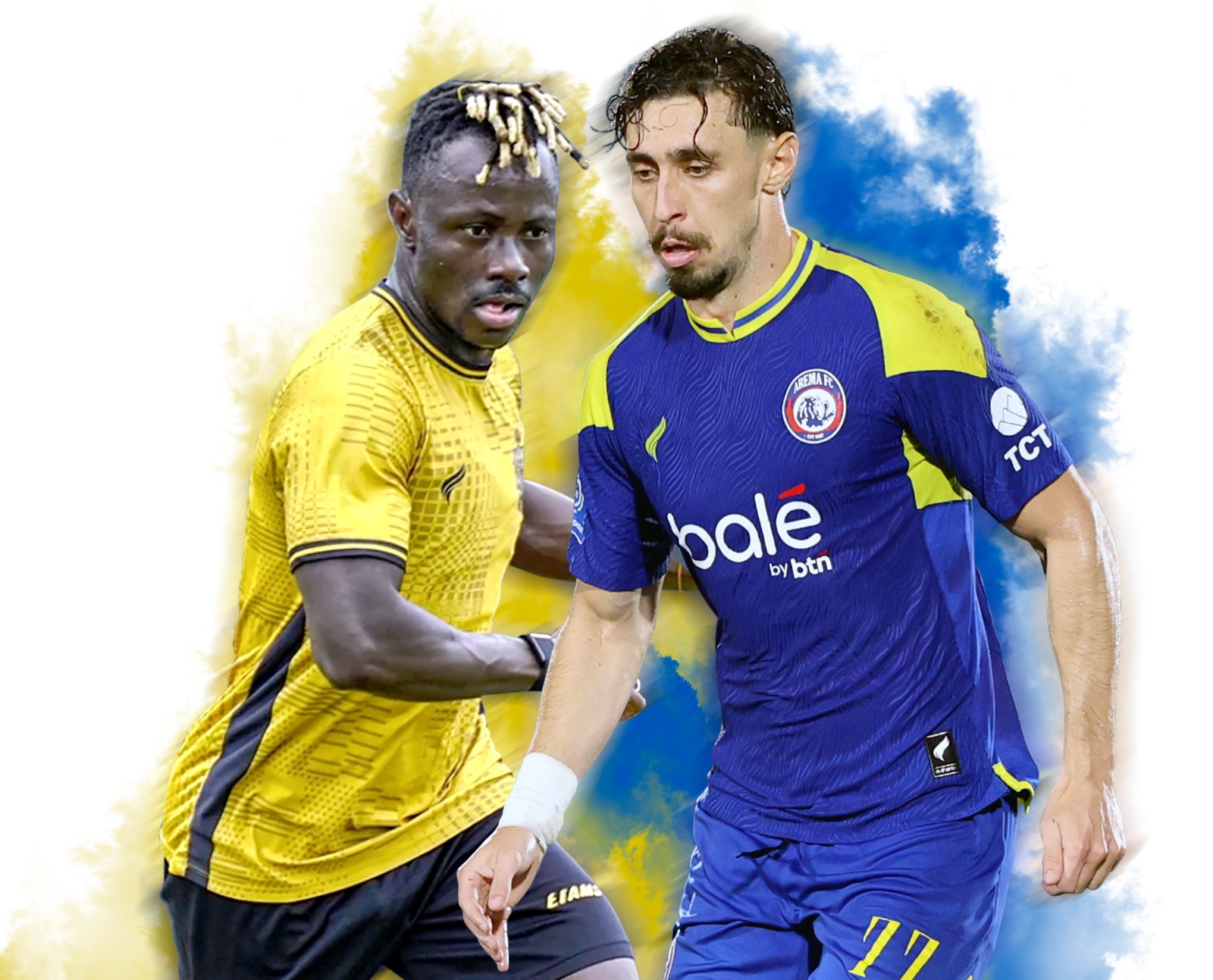 DUEL PENTING: Moussa Sidibe (kiri) jadi salah satu penggawa Bhayangkara FC yang punya determinasi dan kecepatan tinggi. Arema FC bisa mengandalkan kreativitas Gustavo Franca untuk meredam agresivitas
