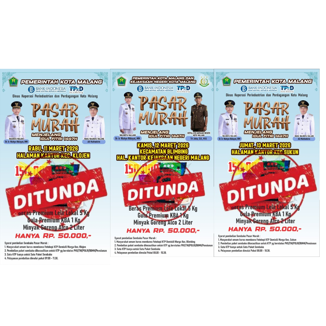 Pemberitahuan Pasar Murah di tiga kecamatan ditunda. (Pemkot Malang)