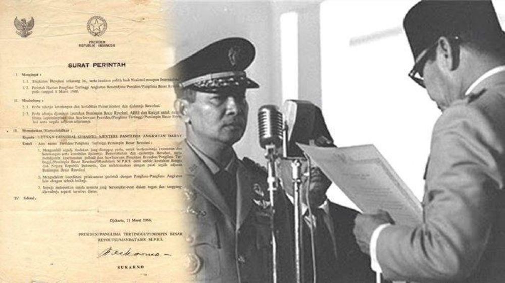 Illustrasi pemberian surat perintah dari Soekarno kepada Soeharto. (Sumber: indonesiabuzz.com)