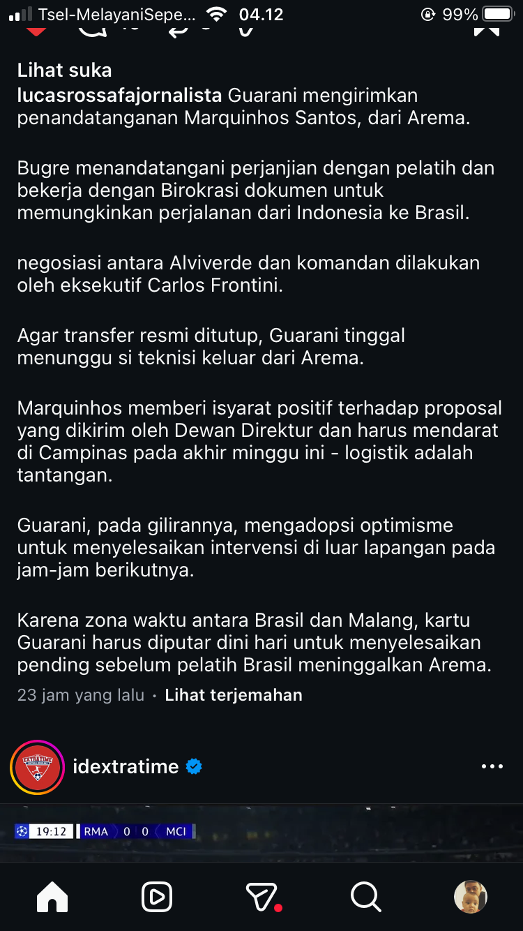 Postingan Lucas Rossafa yang menyebut Marcos Santos akan hengkang dari Arema FC. (Tangkapan layar Instagram)