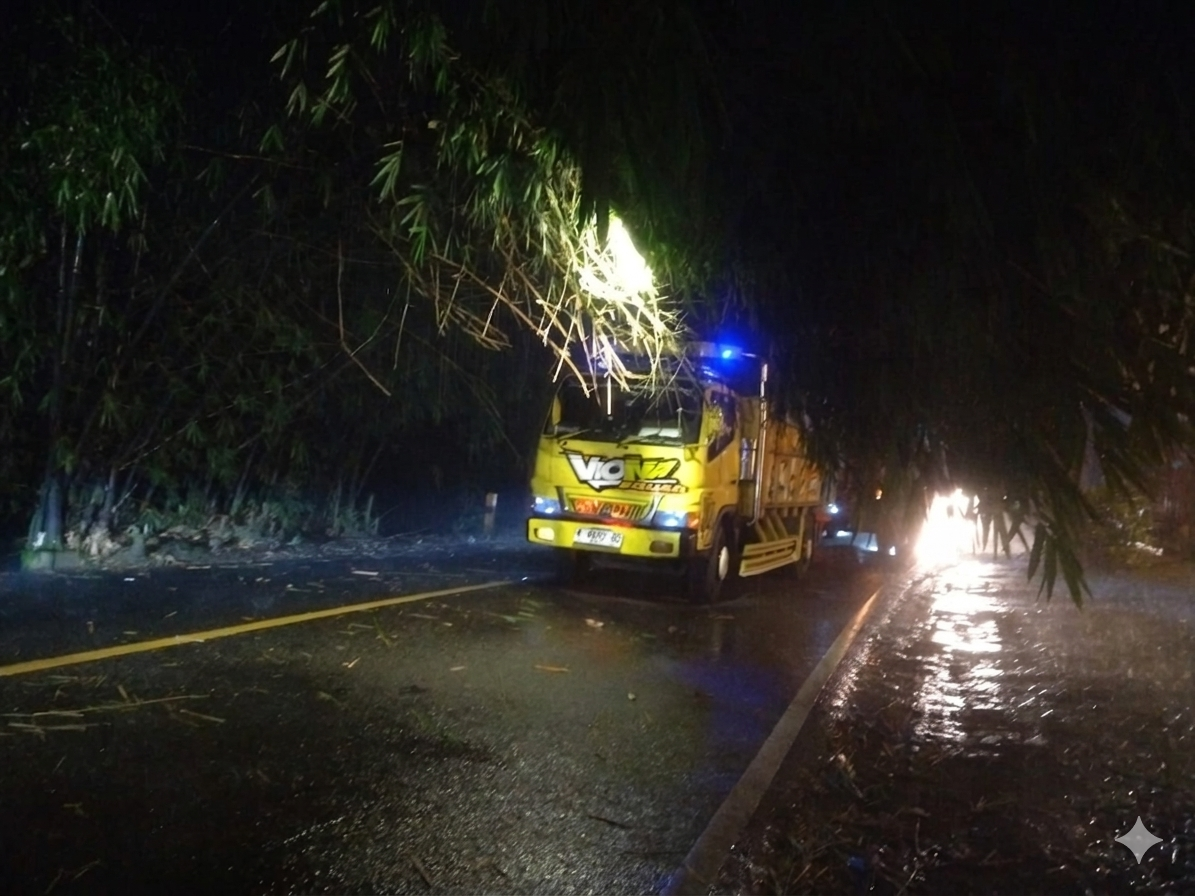 Rumpun bambu di Jalan Raya Talangagung, Kepanjen roboh dan sempat membuat lalu lintas lumpuh pada Rabu (11/3) malam. (BPBD Kabupaten Malang)