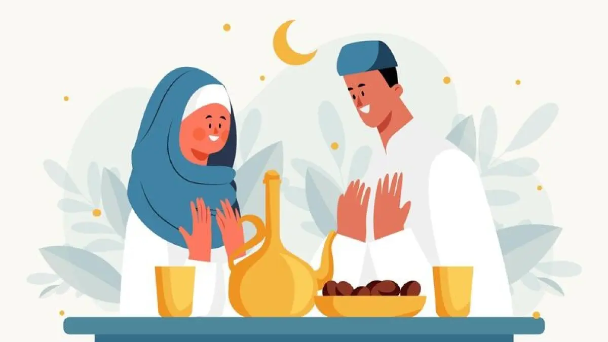 Ilustrasi dua orang sedang berdoa saat buka puasa. (Freepik).