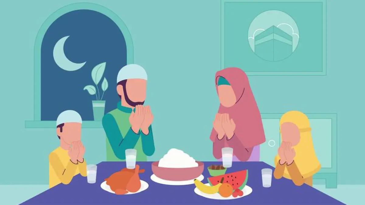 Ilustrasi keluarga sedang berdoa sebelum berbuka puasa. (Freepik).