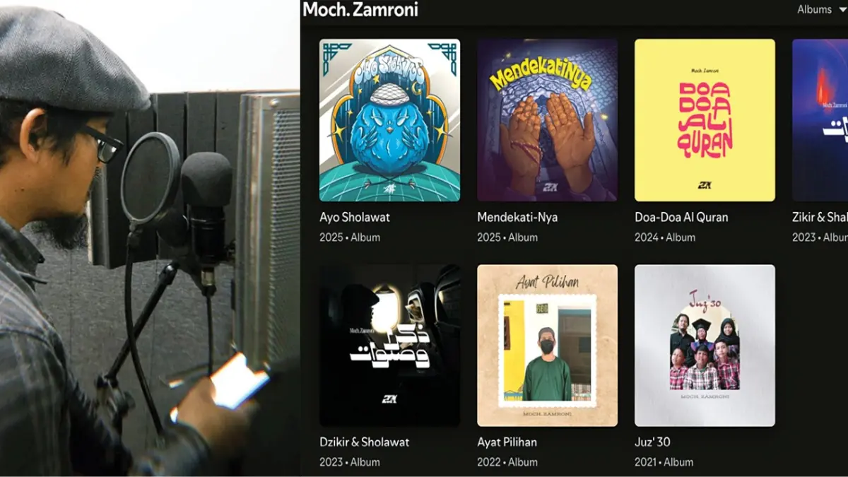 JADI HOBI: Moch. Zamroni merekam bacaan Alquran di kamar rumah pribadinya beberapa waktu lalu. Foto kiri, Tangkapan layer Spotify yang menunjukkan album mengaji yang direkam Moch. Zamroni. (Dokumen Moch. Zamroni)